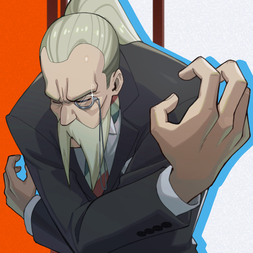 1boy, absurdres, closed_eyes, crossed_arms, glint, grey_hair, henry_henderson, highres