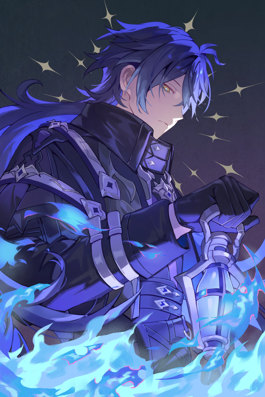 1boy, absurdres, antenna_hair, bags_under_eyes, black_coat, black_gloves, blue_fire, blue_hair