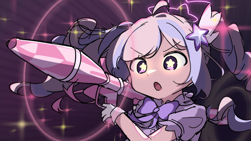 1girl, ahoge, blue_archive, blue_hair, bow, bowtie, gloves, hair_ornament, halo, highres, holding, holding_rocket_launcher, holding_weapon, multicolored_hair, open_mouth, pink_hair, purple_bow, purple_bowtie, raw_beef, reisa_(blue_archive), reisa_(magical)_(blue_archive), rocket_launcher, rpg-7, rpg_(weapon), short_sleeves, solo, star-shaped_pupils, star_(symbol), star_hair_ornament, star_halo, symbol-shaped_pupils, twintails, two-tone_hair, upper_body, violet_eyes, weapon, white_gloves