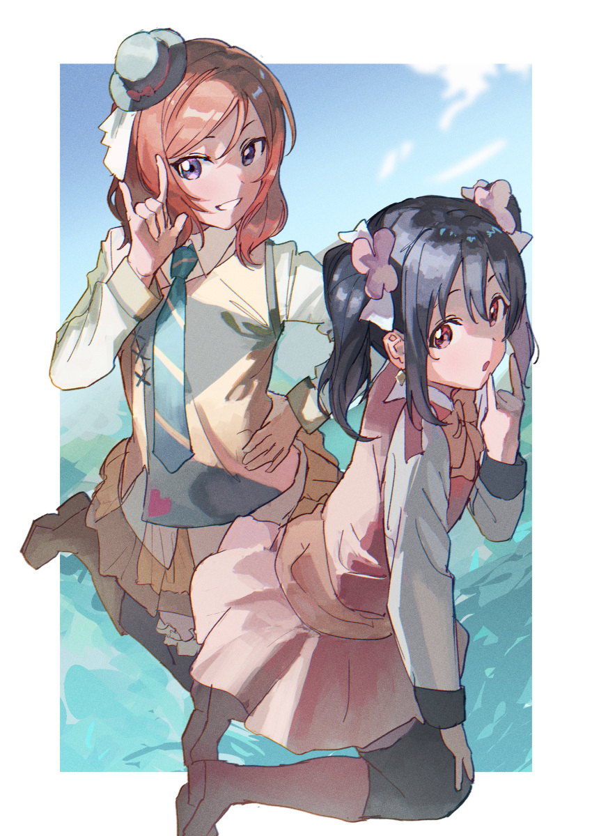 2girls, :o, \m/, absurdres, black_hair, black_thighhighs, blue_necktie, boots