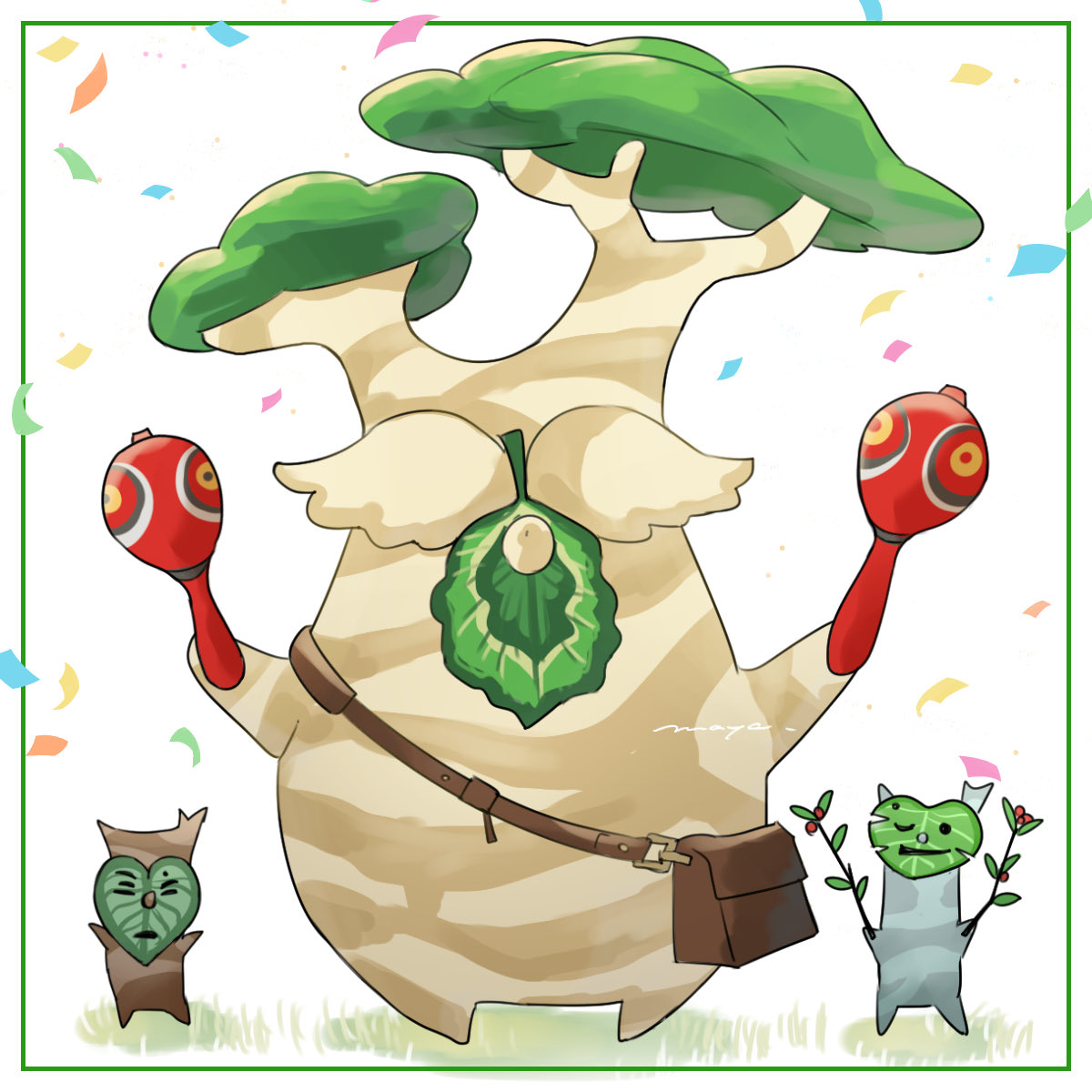 1boy, 2others, bag, brown_bag, commentary, confetti, full_body, hestu