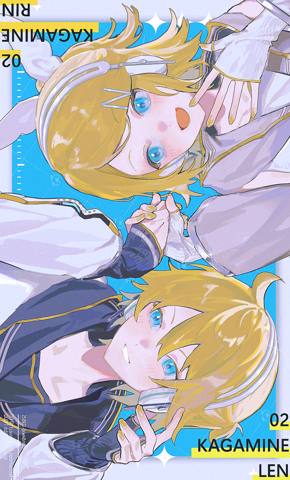 1boy, 1girl, :d, black_sailor_collar, blonde_hair, blue_eyes, character_name, grin