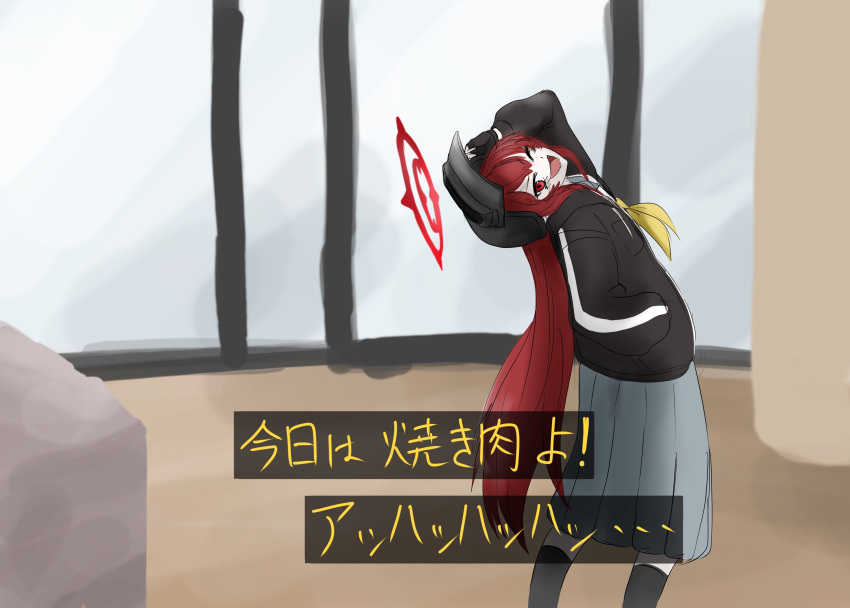 1girl, absurdres, adababbab, altyn_helmet, blue_archive, combat_helmet, from_behind, halo, helmet, highres, jacket, kamen_rider, kamen_rider_build_(series), neckerchief, rabu_(blue_archive), red_eyes, red_hair, red_halo, satou_tarou, scene_reference, school_uniform, solo, yellow_neckerchief