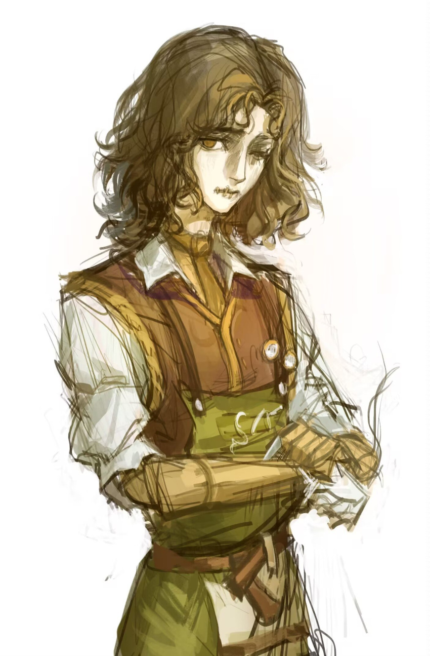 1boy, apron, belt, brown_belt, brown_hair, brown_vest, downturned_eyes, frown