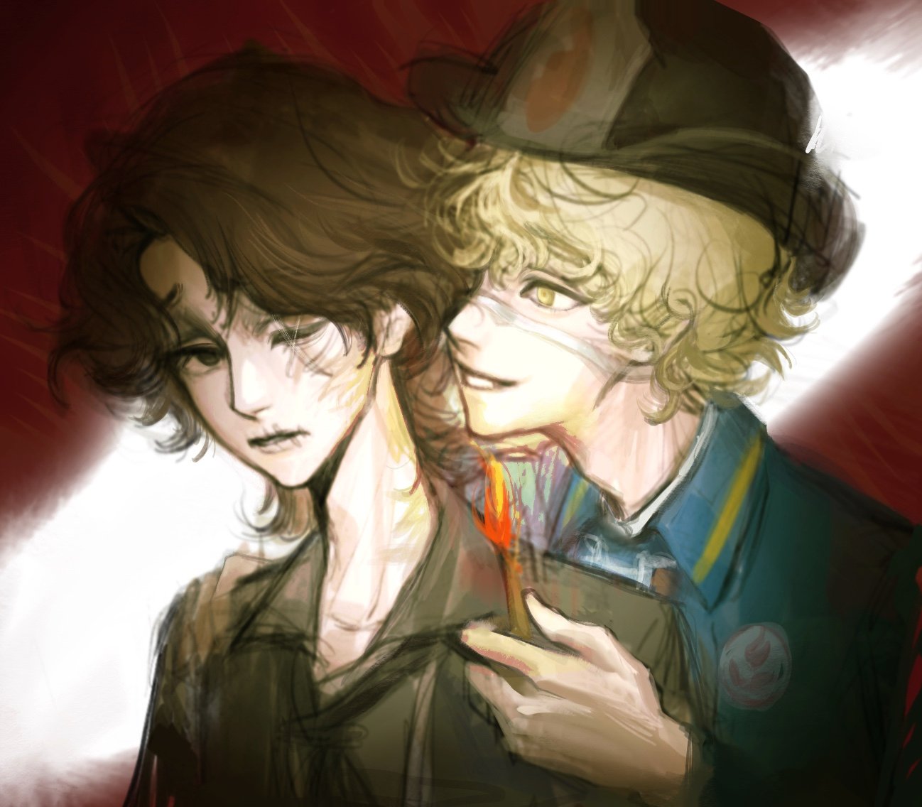 2boys, adam's_apple, ascot, bandaged_head, bandages, black_ascot, black_shirt, blonde_hair, blue_jacket, brown_eyes, brown_hair, cross_stitch, curly_hair, florian_brand, frown, grin, head_tilt, holding_matchstick, identity_v, jacket, karimichi0718, looking_at_another, male_focus, matthias_czernin, multiple_boys, one_eye_closed, shirt, smile, stitched_mouth, stitches, wavy_hair, yellow_eyes