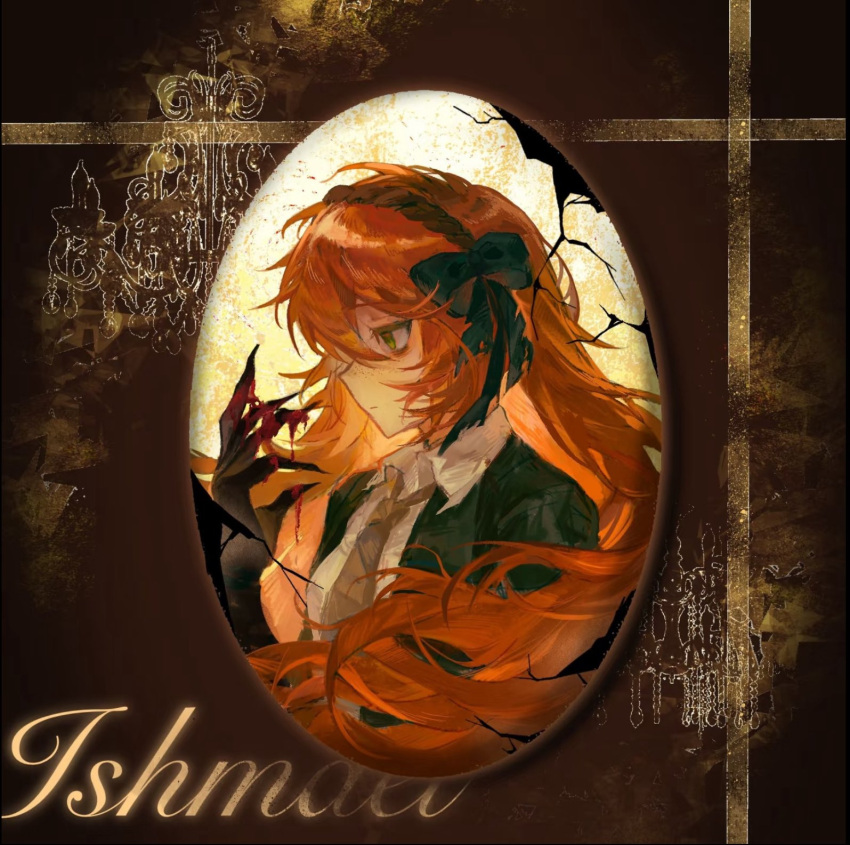 1girl, black_bow, black_hands, black_jacket, bow, broken_mirror, brown_hairband, brown_necktie
