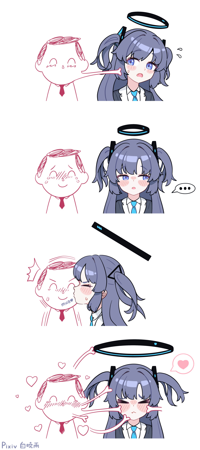 ..., 1boy, 1girl, absurdres, bai_xiao_yu, black_halo, blue_archive, blush, chinese_commentary, closed_eyes, closed_mouth, commentary_request, embarrassed, flying_sweatdrops, halo, heart, hetero, highres, jacket, kiss, long_hair, maomao_evading_jinshi's_kiss_(meme), mechanical_halo, meme, necktie, open_mouth, sensei_(blue_archive), simple_background, spoken_ellipsis, spoken_heart, violet_eyes, white_background, yuuka_(blue_archive)