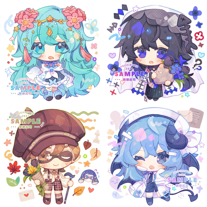 1boy, 3girls, :o, ;), ;o, ahoge, black_flower, black_hair