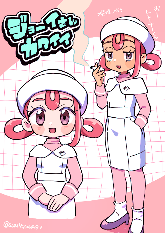 1girl, :d, blush_stickers, cigarette, commentary_request, dress, eyelashes, hair_rings, hand_in_pocket, hand_up, hat, high_heels, holding, holding_cigarette, jitome, joy_(pokemon), looking_at_viewer, multiple_views, open_mouth, pantyhose, pink_hair, pink_pantyhose, pink_shirt, pokemon, pokemon_legends:_z-a, shirt, smile, smoking, socks, sumikawa_(sumikawa8v), translation_request, white_dress, white_hat, white_socks