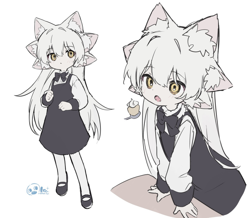 1girl, :<, black_bow, black_bowtie, black_shoes, bow, bowtie, dodonpa_tuyoi, dress, fangs, flat_color, food, highres, leaning_forward, long_hair, long_sleeves, mary_janes, multiple_animal_ears, open_mouth, original, pantyhose, pinafore_dress, shirt, shoes, simple_background, sleeveless, sleeveless_dress, solo, white_background, white_hair, white_pantyhose, white_shirt, yellow_eyes