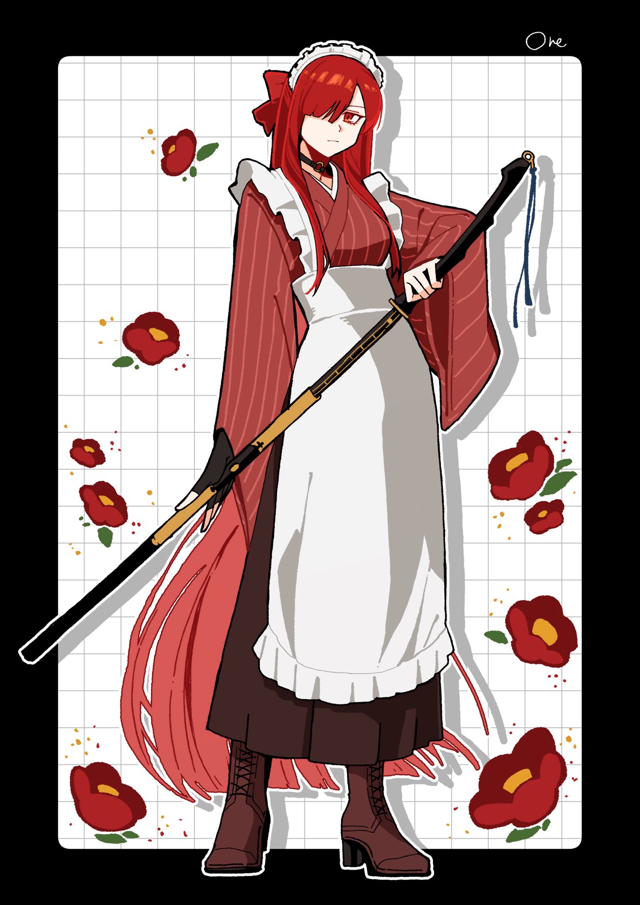 1girl, alternate_costume, apron, boots, camellia, closed_mouth, commentary_request, fate/grand_order