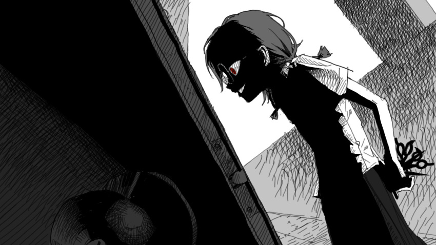 1girl, aged_down, check_spoilers, danganronpa_(series), doorway, dutch_angle, face_in_shadow, from_side
