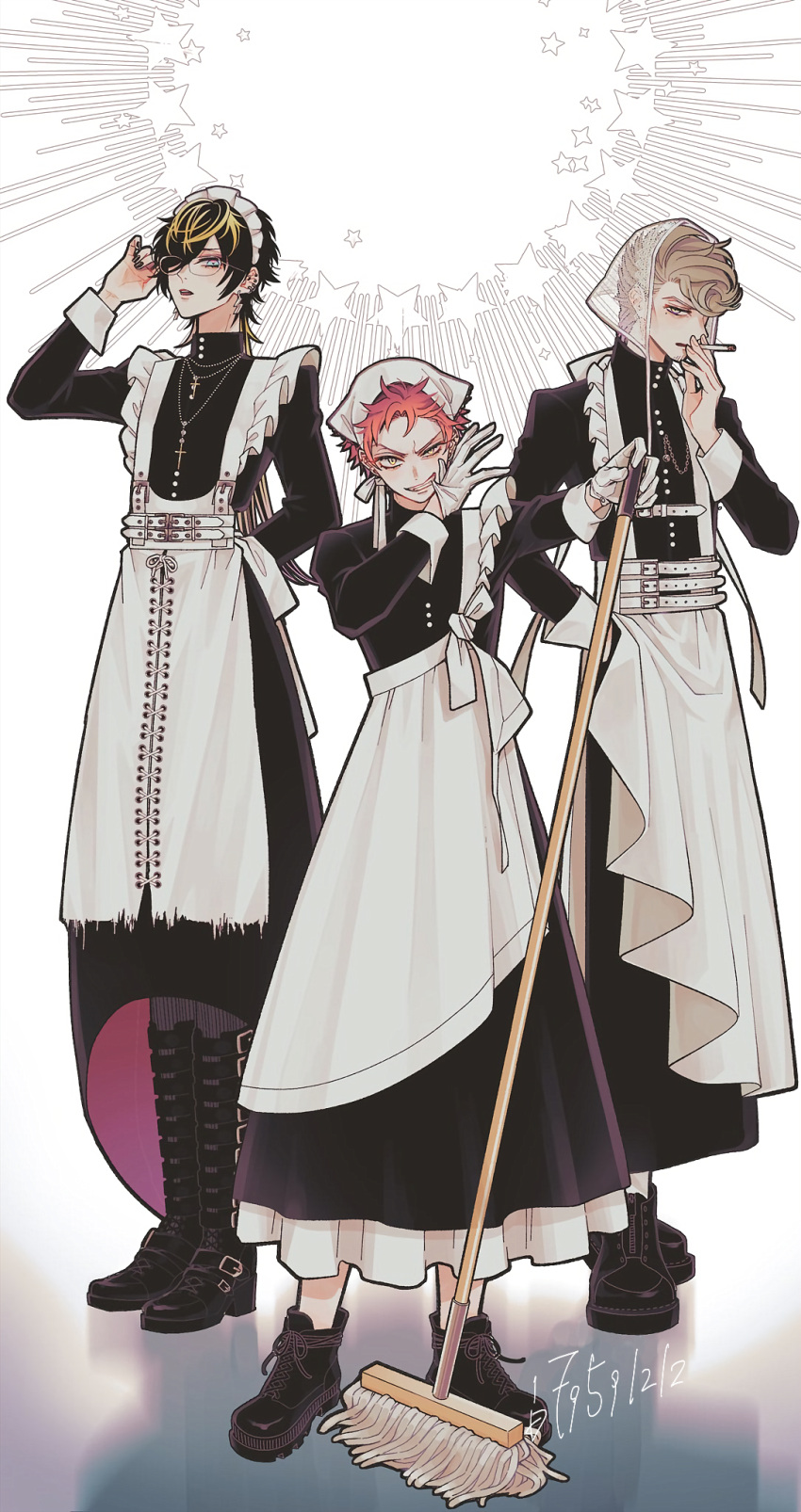 3boys, adjusting_eyewear, aimono_jyushi, amaguni_hitoya, ankle_boots, apron, bad_ass_temple, biting