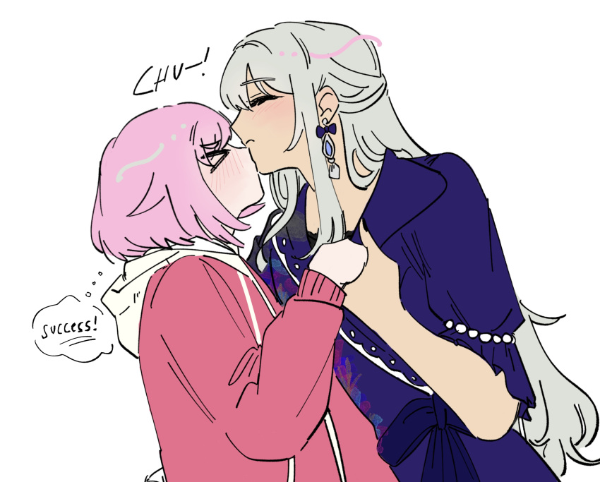 >_<, 2girls, blush, closed_eyes, commentary, dress, earrings, english_commentary
