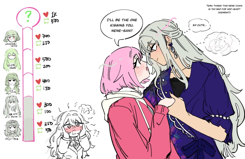 2girls, absurdres, blush, closed_mouth, commentary, dress, earrings, english_commentary