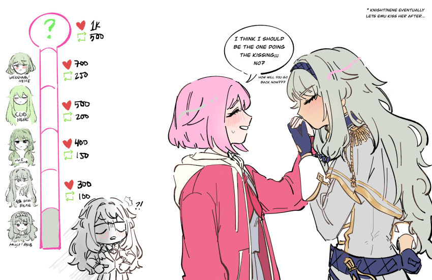 2girls, absurdres, black_hairband, blue_gloves, blush, closed_eyes, commentary, dress