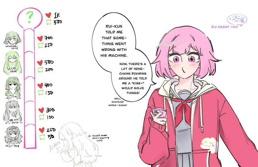 2girls, absurdres, blush, commentary, drawstring, english_commentary, english_text, green_hair