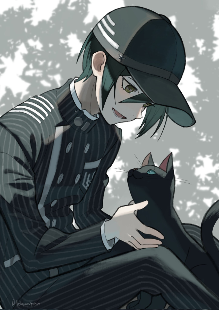 1boy, backlighting, baseball_cap, black_cat, black_hair, black_hat, black_jacket, black_pants