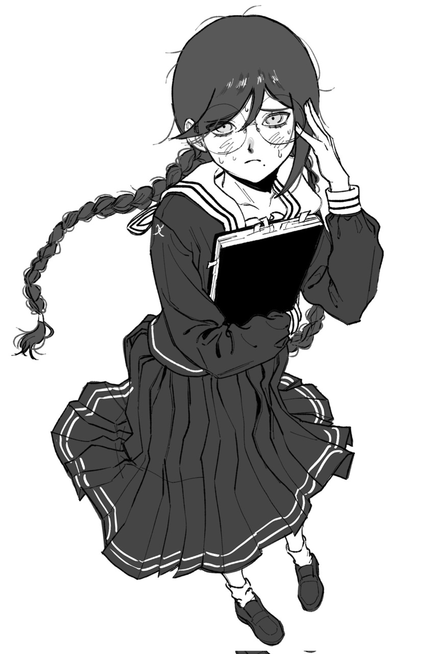 1girl, adjusting_eyewear, blush, book, braid, closed_mouth, corrupted_twitter_file, danganronpa:_trigger_happy_havoc