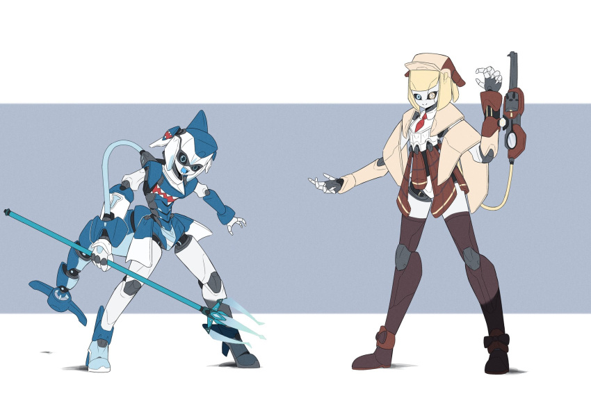 animal_hood, blonde_hair, blue_eyes, blue_hair, blue_hoodie, blunt_bangs, bob_cut, clock, deevious_deevi, dress, fins, fish_tail, full_body, gawr_gura, gawr_gura_(1st_costume), gloves, grey_hair, hair_ornament, hat, heterochromia, highres, hololive, hololive_english, hood, hoodie, humanoid_robot, joints, long_hair, long_sleeves, looking_at_viewer, multicolored_hair, multiple_girls, necktie, open_mouth, plaid_clothes, red_necktie, robot, robot_girl, robot_joints, shark_girl, shark_hair_ornament, shark_hood, shark_print, shark_tail, sharp_teeth, shirt, short_hair, skirt, smile, streaked_hair, tail, teeth, thigh-highs, two_side_up, virtual_youtuber, watson_amelia, watson_amelia_(1st_costume), white_shirt