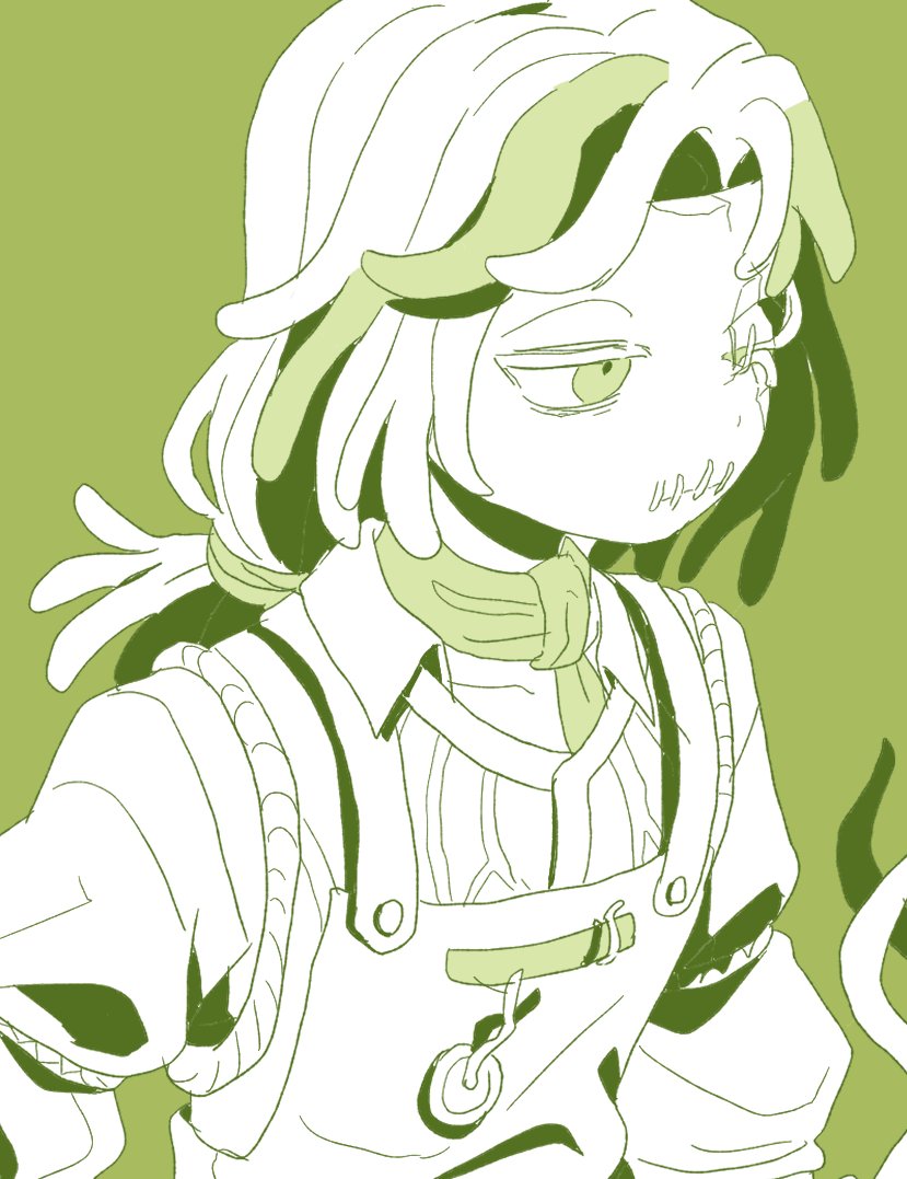 1boy, apron, ascot, expressionless, green_ascot, green_background, green_eyes, green_streaks