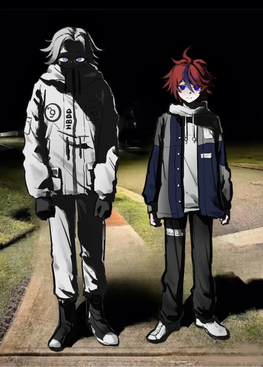 2boys, ahoge, aotsuki_eito, black_gloves, black_pants, black_shoes, blue_eyes, blue_hair, blue_jacket, chinese_commentary, closed_mouth, commentary_request, covered_mouth, drawstring, eyelashes, eyes_in_shadow, full_body, glasses, gloves, grey_hair, grey_jacket, hair_between_eyes, height_difference, high_collar, highres, hood, hood_down, hoodie, i-hhdheheda, jacket, jacket_over_hoodie, long_sleeves, male_focus, meme, multicolored_hair, multicolored_jacket, multiple_boys, night, open_clothes, open_jacket, outdoors, pants, photo_background, pocket, rectangular_eyewear, red_hair, sanpaku, semi-rimless_eyewear, shoes, short_hair, smile, sneakers, streaked_hair, sumino_takumi, the_hundred_line_-last_defense_academy-, thigh_strap, two-tone_hair, two-tone_jacket, variant_set, white_hoodie, white_jacket, white_pants, white_shoes, why_dis_ninja_look_so_mad_(meme)