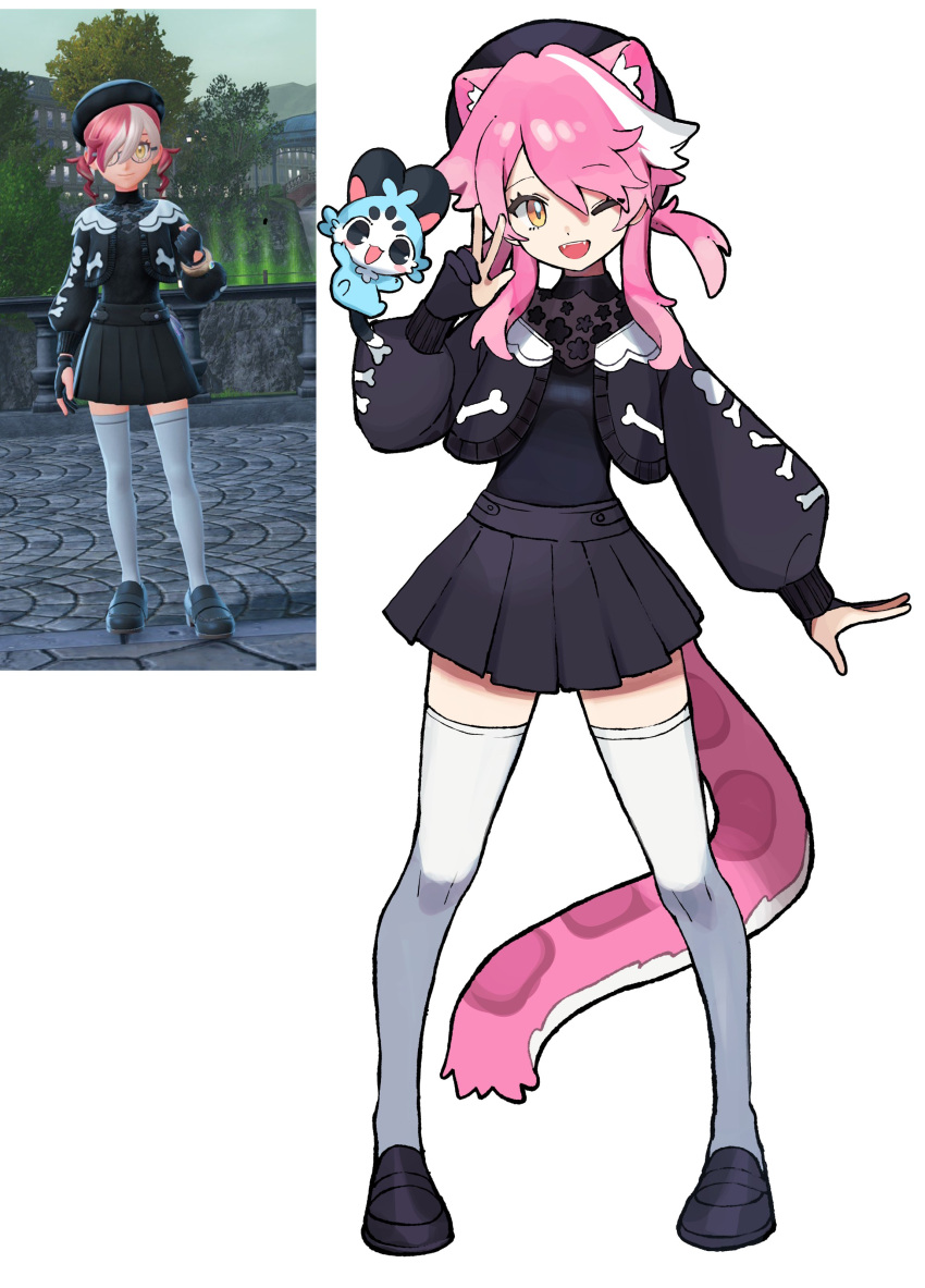 1girl, ;d, absurdres, animal_ears, black_jacket, black_shirt, black_shoes, black_skirt