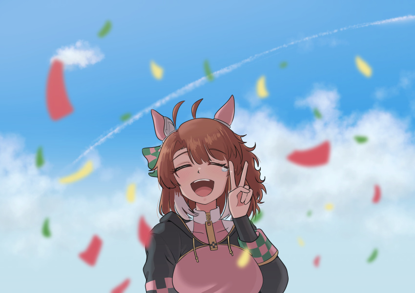 1girl, absurdres, ahoge, animal_ears, black_shrug, blackuma, blue_sky, blush