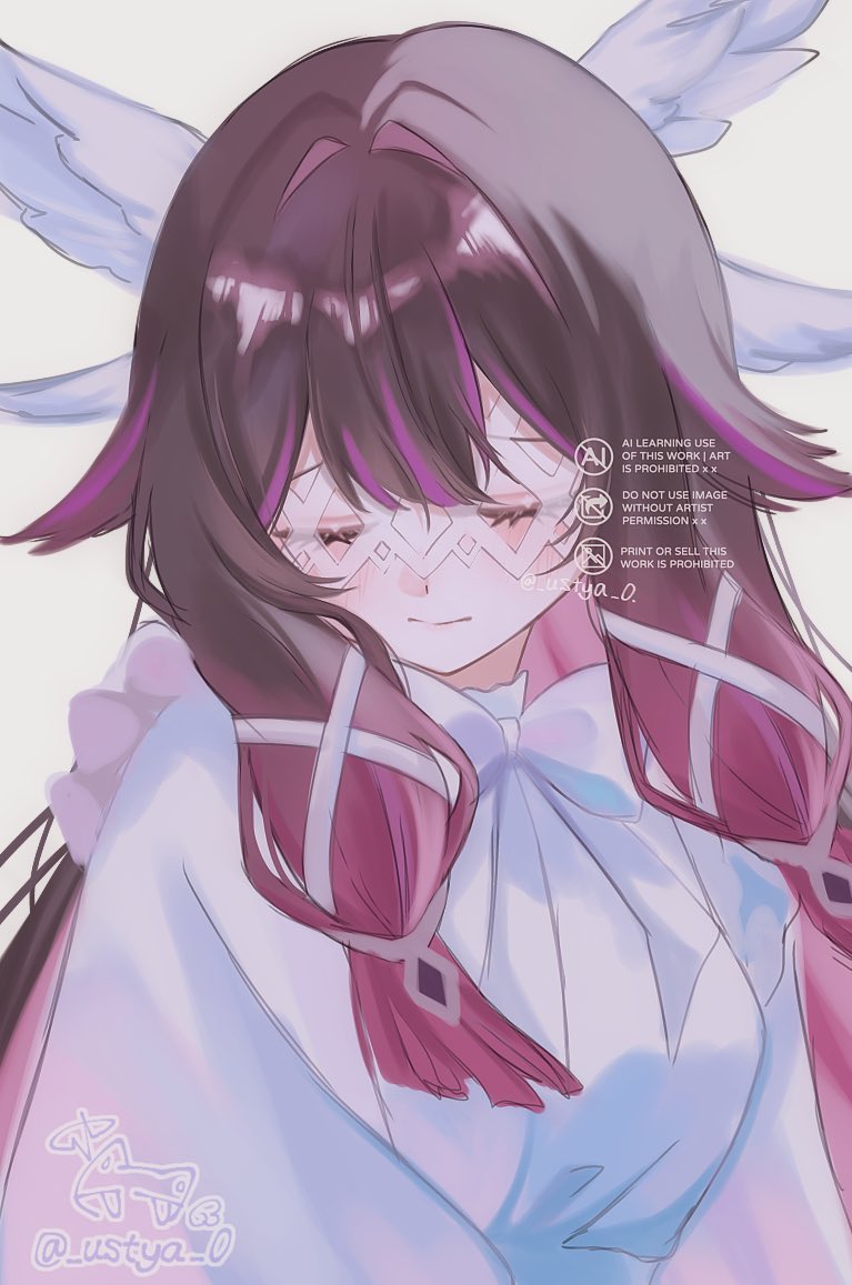 1girl, black_hair, blush, bow, closed_eyes, closed_mouth, columbina_(genshin_impact), commentary_request, dress, eye_mask, genshin_impact, hair_intakes, hair_ribbon, head_wings, long_hair, mask, multicolored_hair, pink_hair, ribbon, signature, solo, twitter_username, ustya_0, white_background, white_bow, white_dress, white_ribbon, wings