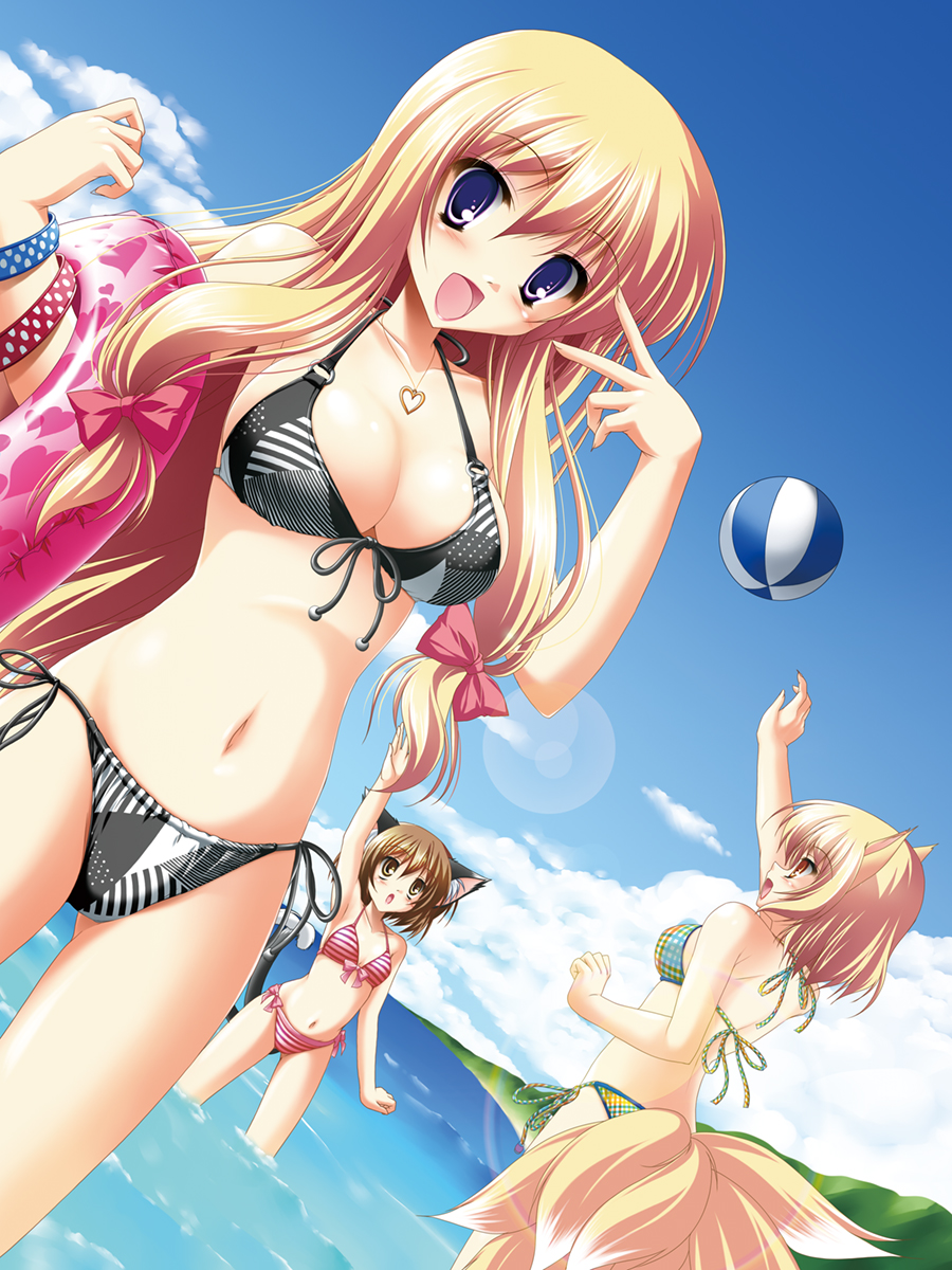 ball, beachball, bikini, blonde_hair, breasts, brown_hair, cat_ears, cat_tail