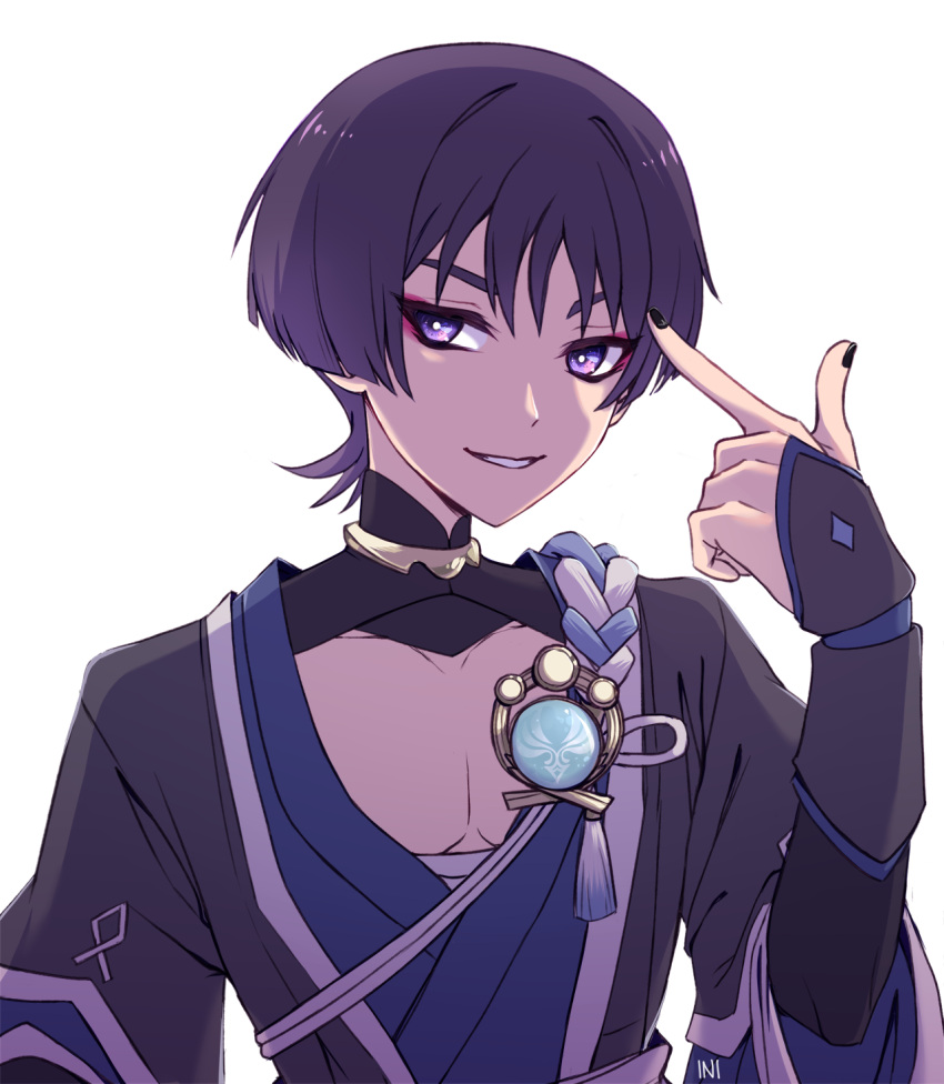 1boy, black_hair, black_nails, eyeliner, eyeshadow, genshin_impact, grin, highres
