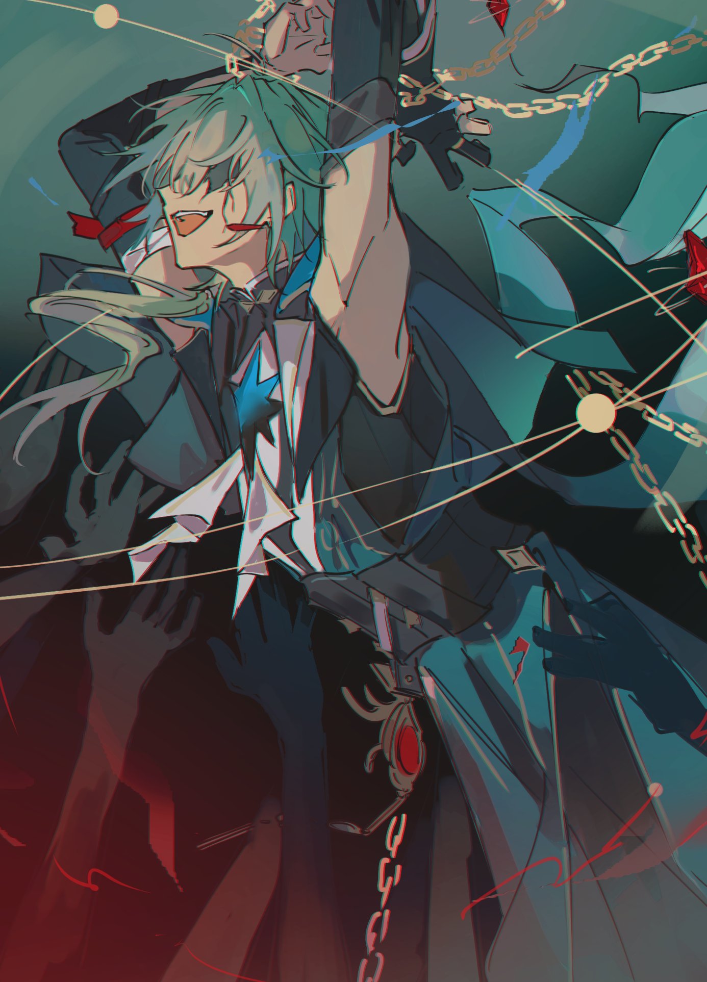 1boy, anaxa_(honkai:_star_rail), aqua_hair, armpits, arms_up, chain, cracked_skin, earrings