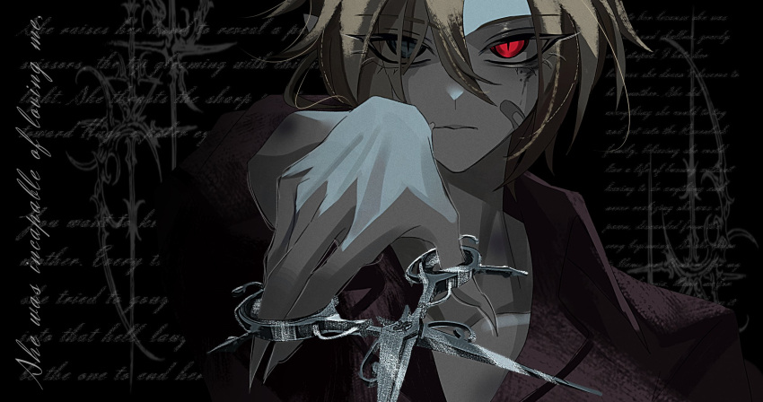 0w0_back, 1boy, bandaid, bandaid_on_face, black_background, blonde_hair, bruise, bruise_on_neck