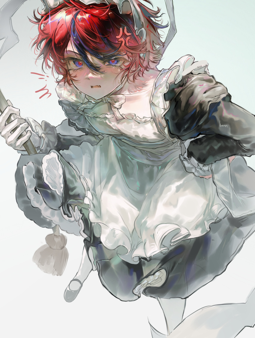 1boy, absurdres, alternate_costume, anger_vein, apron, black_dress, black_hair, black_shoes