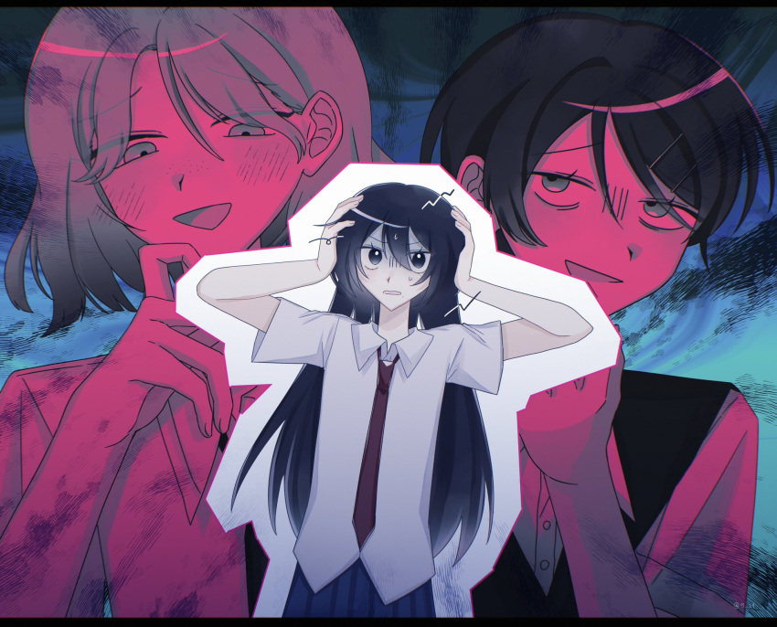3girls, arms_up, black_eyes, black_hair, blush, collared_shirt, commentary_request, dai_(5_29), dress_shirt, futsuu_no_keion-bu, hair_ornament, hairpin, hand_up, hands_on_own_head, highres, kameya_san, kouyama_rin, long_hair, multiple_girls, necktie, outline, parted_bangs, pixie_cut, pleated_skirt, red_necktie, shaded_face, shirt, short_hair, skirt, sweater_vest, tsuru_asaka, untucked_shirt, upper_body, v-shaped_eyebrows, white_outline, white_shirt