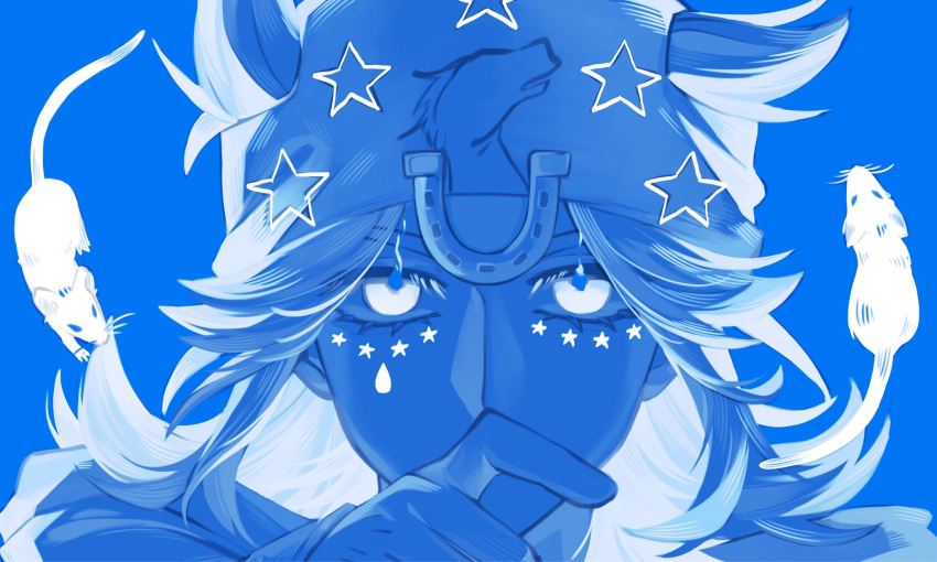 1boy, beanie, blue_background, blue_theme, bun6758, covering_own_mouth, danny_(sbr), facial_mark, flaming_eyes, glowing, hashtag-only_commentary, hat, highres, horse_print, horseshoe_hat_ornament, horseshoe_ornament, johnny_joestar, jojo_no_kimyou_na_bouken, long_hair, looking_at_viewer, male_focus, medium_hair, monochrome, mouse_(animal), portrait, simple_background, solo, star_(symbol), star_print, steel_ball_run