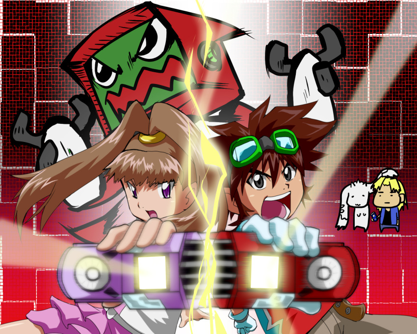 amano_nene, aonuma_kiriha, blonde_hair, brown_hair, chibi, chocof91, digimon, digimon_xros_wars