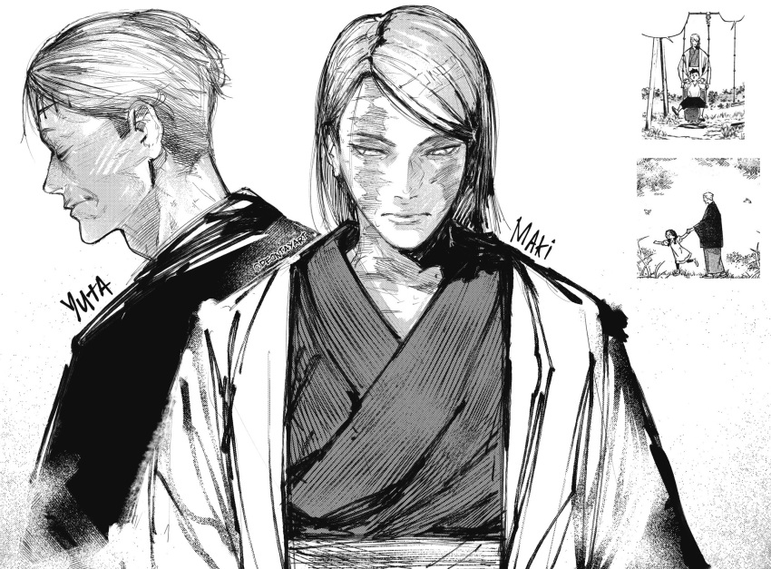 1boy, 1girl, burn_scar, deontayart, highres, japanese_clothes, jujutsu_kaisen, jujutsu_kaisen_modulo, monochrome, okkotsu_yuuta, old, old_man, old_woman, reference_inset, scar, scar_on_face, scar_on_forehead, scars_all_over, upper_body, zen'in_maki