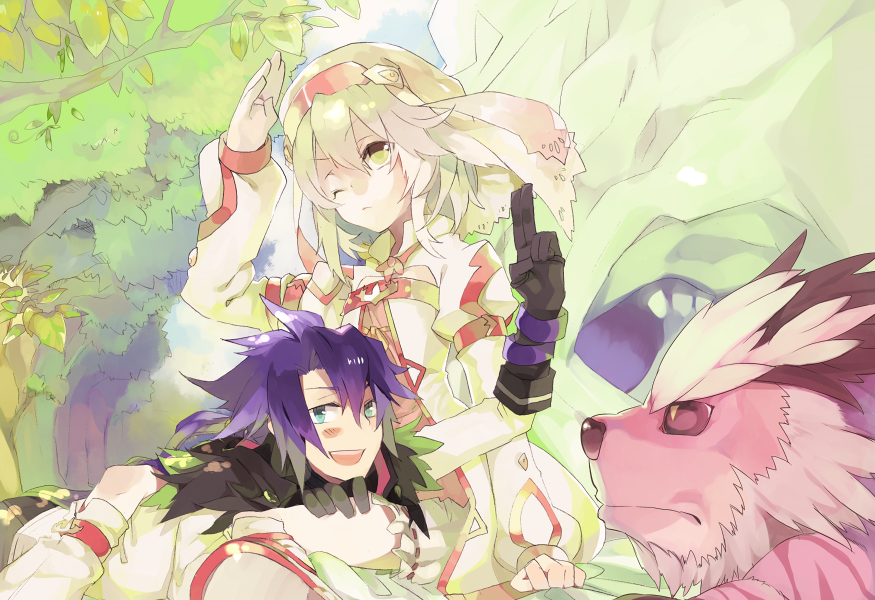 1girl, :d, ahoge, alice_(tales_of_symphonia_kor), bangs, black_gloves, blonde_hair, blush