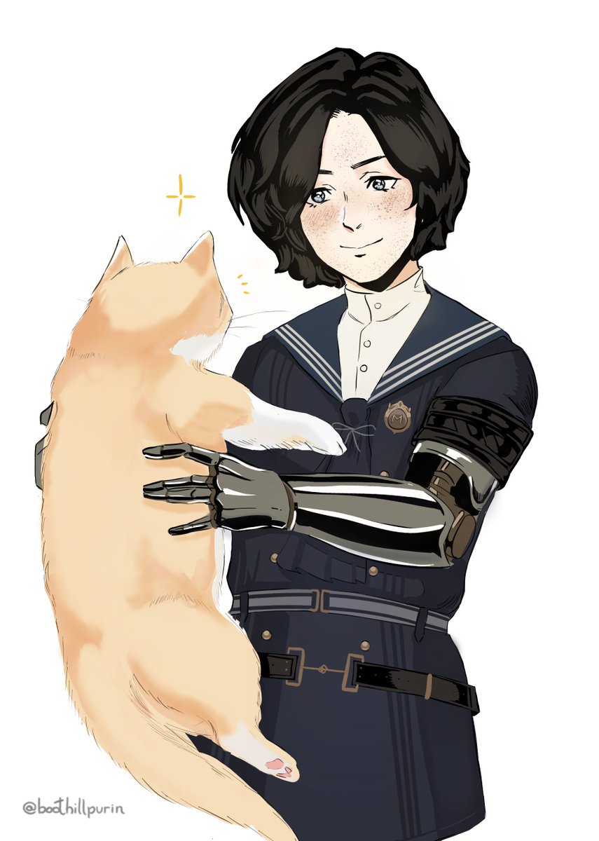 1boy, animal, artist_name, black_hair, blue_eyes, boothillpurin, cat, closed_mouth