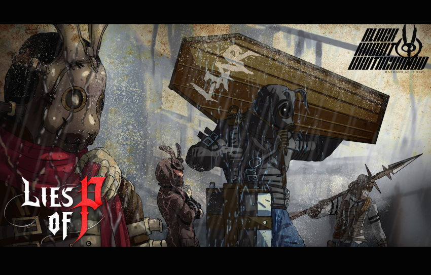 1girl, 3boys, animal_ears, battle_maniac_of_the_black_rabbit_brotherhood, black_mask, coffin, copyright_name, eccentric_of_the_black_rabbit_brotherhood