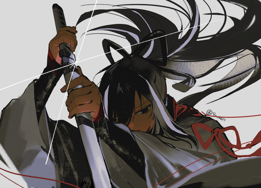 1girl, black_eyes, black_hair, black_scarf, fate/grand_order, fate_(series), highres, katana