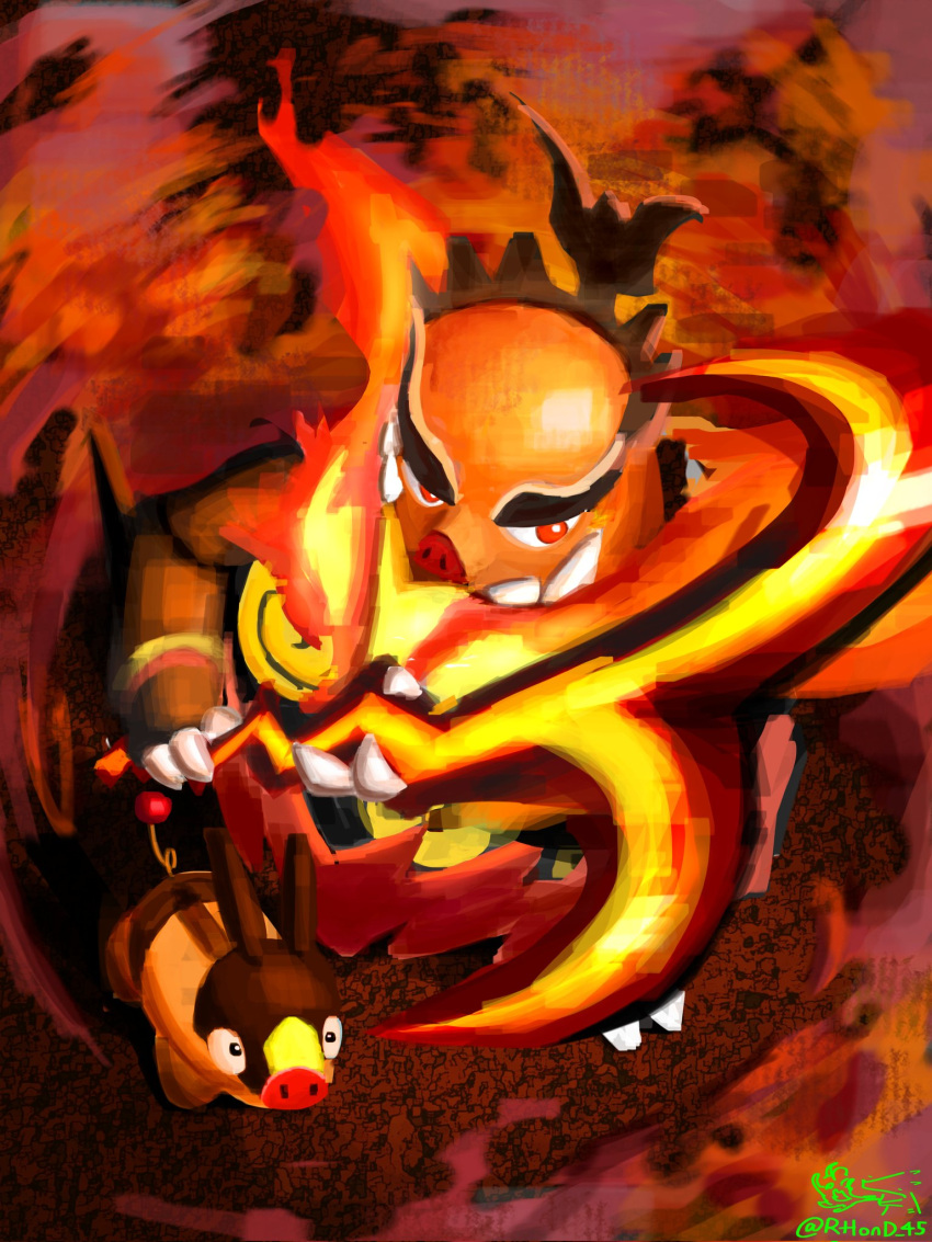 emboar, fangs, fire, flaming_weapon, highres, holding, holding_staff, mega_emboar