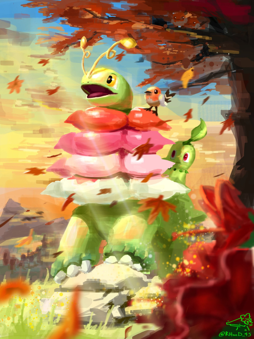 antennae, bird, chikorita, closed_mouth, clouds, fletchling, flower, highres