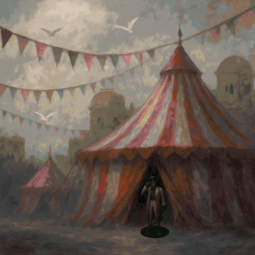 1boy, absurdres, arlecchino_the_blood_artist, circus, coat, commentary, english_commentary, grey_coat, grey_pants, gwyndolindo, hat, highres, holding, holding_weapon, lies_of_p, male_focus, microsoft_paint_(medium), outdoors, pants, scenery, simple_bird, smile, solo, streamers, tent, top_hat, weapon