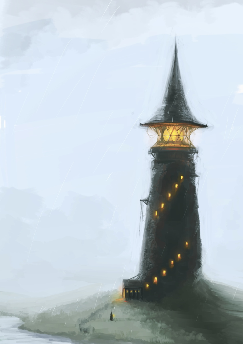 1other, building, commentary_request, genki_(33209392), grass, hat, highres, lighthouse, original, overcast, rain, sky, solo, standing, witch_hat