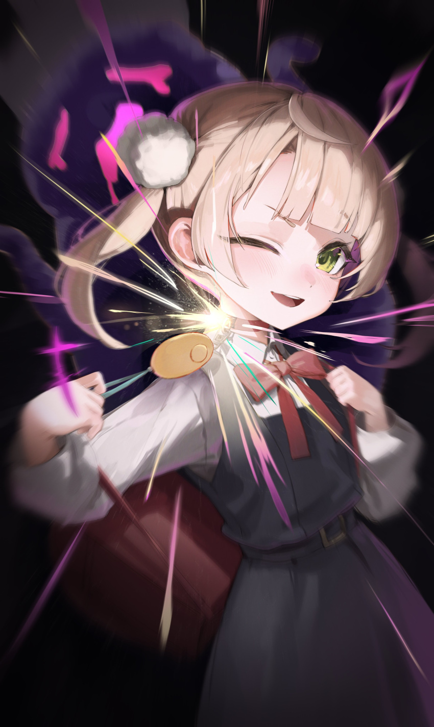 1girl, absurdres, apopo, black_background, black_dress, blonde_hair, cowboy_shot, dress