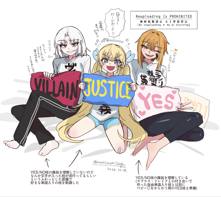 3girls, alternate_costume, bandaid, bandaid_on_cheek, bandaid_on_face, blonde_hair, blue_eyes, blush