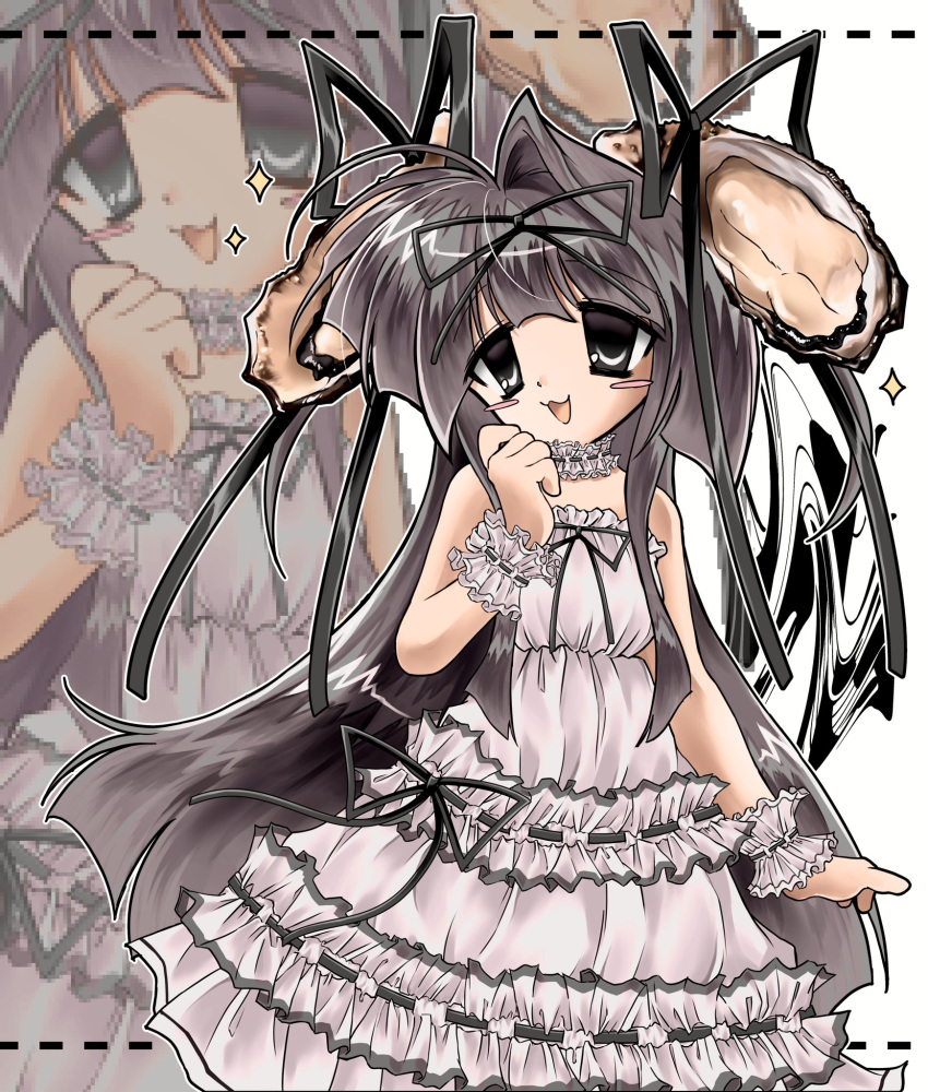 1girl, 2000s_(style), :3, ahoge, bare_shoulders, black_ribbon, blush_stickers, brown_hair