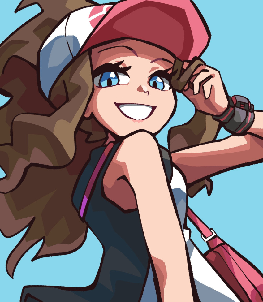 1girl, baseball_cap, black_vest, blue_background, blue_eyes, brown_hair, grin, hat